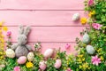 Happy easter cheery Eggs Eggstreme Escapades Basket. White red chrysanthemum Bunny primroses. 3d modeling background wallpaper Royalty Free Stock Photo