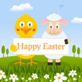 Happy Easter Chick & Lamb in a Meadow