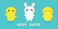 Happy Easter. Chicken bird, bunny set line banner. White rabbit chick head. Egg shape. Cute cartoon kawaii baby character. Funny Royalty Free Stock Photo