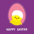 Happy Easter. Chicken bird with shell on head inside painted egg frame window. Dash line contour. Cute cartoon character. Baby gre