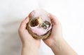 Happy Easter: a child holds a nest with eggs in his hands