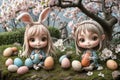 Happy Easter, children collect Easter eggs in a magical forest, cartoon style illustration