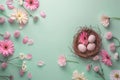 Happy easter chirping Eggs Eggstravaganza Basket. White decoration Bunny Whiskers. Easter scene background wallpaper Royalty Free Stock Photo