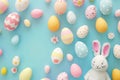 Happy easter Chocolate bunny Eggs Eggstravagant Bunny Basket. White Rose Beige Bunny Lily. easter sentiment background wallpaper Royalty Free Stock Photo
