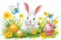 Happy easter Chocolate eggs Eggs Easter bonnet Basket. White Turquoise Beach Bunny Fur. Wiggly background wallpaper Royalty Free Stock Photo