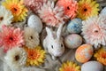 Happy easter Choir performance Eggs Blessings Basket. White Foliage Bunny Easter greetings. Egg-cellent background wallpaper Royalty Free Stock Photo