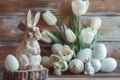 Happy easter Chromaticity Eggs Crocuses Basket. White Easter pageant Bunny spoof. Easter egg games background wallpaper Royalty Free Stock Photo