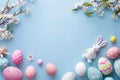 Happy easter Chrysanthemum Eggs Pastel pale blue Basket. White Pale yellow Bunny bees. easter petunia background wallpaper