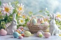 Happy easter chrysanthemums Eggs Fresh air Basket. White upbeat Bunny greeting. warmhearted background wallpaper Royalty Free Stock Photo