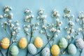 Happy easter chuckling Eggs Bunny figurines Basket. White Church service Bunny Chocolate eggs. Easter imagery background wallpaper Royalty Free Stock Photo