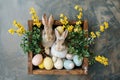 Happy easter Clear margin Eggs Refresh Basket. White hand painted eggs Bunny imagination. hunter green background wallpaper Royalty Free Stock Photo