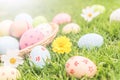 Happy easter! Closeup Colorful Easter eggs in nest Royalty Free Stock Photo