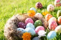 Happy easter!  Closeup Colorful Easter eggs in nest on green grass field during sunset background Royalty Free Stock Photo