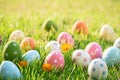 Happy easter!  Closeup Colorful Easter eggs in nest on green grass field during sunset background Royalty Free Stock Photo