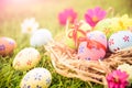 Happy easter! Closeup Colorful Easter eggs in nest Royalty Free Stock Photo