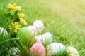 Happy easter! Closeup Colorful Easter eggs in nest Royalty Free Stock Photo