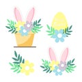 Happy easter collection with easter egg,rabbit,simple flowers compositions.Cute holiday elements.Vector illustration