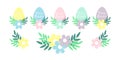 Happy easter collection with pastel colorful easter eggs and simple flowers compositions.Cute holiday elements.Vector illustration