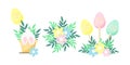 Happy easter collection with rabbit paws in pot,pastel colorful eggs and simple flowers compositions.Cute holiday vector
