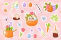 Happy Easter collection sticker in cartoon flat style. Crocus, tulip, Easter pie, candle, flowers, bunny, basket, carrot