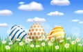 Happy Easter Colored Eggs banner template. Realistic shine decorated, painted eggs, colorful spring flowers chamomile