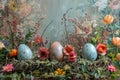 Happy Easter, Colored pastel eggs in nest with twigs and flowers. Generative AI