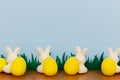 Happy Easter! Colorful Easter bunnies and eggs in grass on blue background with space for text. White and yellow artificial decor