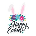 Happy Easter colorful design template with hand drawn bunny ears, flowers and lettering. Cartoon style spring holiday vector Royalty Free Stock Photo