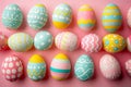 Happy easter Colorful designs Eggs Easter egg craft Basket. White mount calvary Bunny sweet peas. Hopscotch background wallpaper Royalty Free Stock Photo