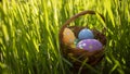 Happy easter. Colorful  Easter eggs hidden in the green grass. Easter egg hunt for kids. Royalty Free Stock Photo