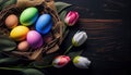 Happy Easter! Colorful Easter eggs in a nest with tulips flowers and Feather on wooden. Generative AI Royalty Free Stock Photo