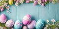 Happy Easter, Colorful Easter Eggs. Easter decoration, Congratulatory easter background. Easter eggs and flowers. Background with Royalty Free Stock Photo
