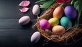 Colorful Easter eggs in a nest with tulips flowers and Feather on wooden black background. Generative AI Royalty Free Stock Photo