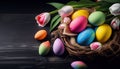 Colorful Easter eggs in a nest with tulips flowers and Feather on wooden black background. Generative AI Royalty Free Stock Photo