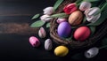 Happy Easter! Colorful Easter eggs in a nest with tulips flowers and Feather on wooden black. Generative AI Royalty Free Stock Photo