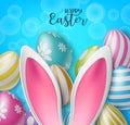 Happy Easter colorful flyer or poster background with eggs and bunny ears.