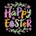 Happy Easter- colorful greeting with easter egg and flowers isolated on black backgound. Royalty Free Stock Photo