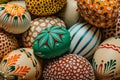 Happy Easter.Colorful hand painted decorated Easter eggs, CZ kraslice. Handmade Easter eggs in wooden basket.Spring decoration Royalty Free Stock Photo