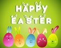 Happy easter. Colorful Happy Easter greeting card with eggs and rabbit elements composition on green background. Royalty Free Stock Photo