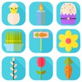 Happy Easter Colorful Icons. Vector Illustration. Spring Holiday. Set of Flat Rectangle Items with Long Shadow.