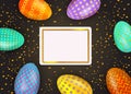 Happy Easter colorful painted eggs on black background with gold frame and confetti. Royalty Free Stock Photo