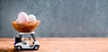 Happy Easter. Colorful painting eggs on golf car toy