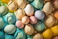 Happy easter. Colorful pastel decorated Easter eggs. Festive still life, ai generation