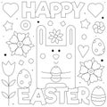 Happy Easter. Coloring page. Black and white vector illustration.