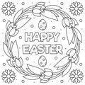 Happy Easter. Coloring page. Wreath. Vector illustration.