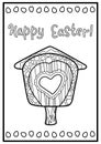 Happy Easter coloring postcard with lettering and birdhouse with heart. Easter coloring page for children and adults