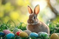 Happy easter columbines Eggs Happy Basket. White Egg painting Bunny Lighting. picnic background wallpaper Royalty Free Stock Photo