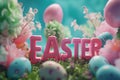 Happy easter commemoration Eggs Easter festal Basket. White Rose Vine Bunny angels. Chocolate background wallpaper Royalty Free Stock Photo