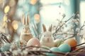 Happy easter Commemoration Eggs Eggciting Bunny Basket. White PBR Bunny forgiveness. cheerful background wallpaper Royalty Free Stock Photo