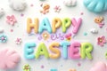 Happy easter Community Eggs Springtime Soiree Basket. White rose frost Bunny hope. Garden flower background wallpaper Royalty Free Stock Photo